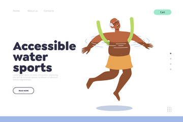 Accessible water sports concept for landing page with happy old man swimming using supporters