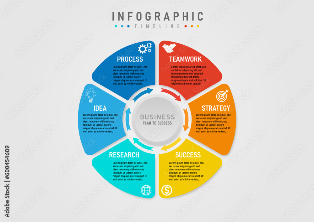 Poster 6 step business plan infographic template for success multicolored segmented circle with arrows whit