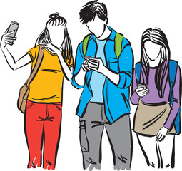 young teengers with electronic devices cellphones communication concept vector illustration