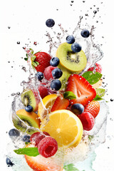 Fruits and water splashes on white backgrond. Generative AI