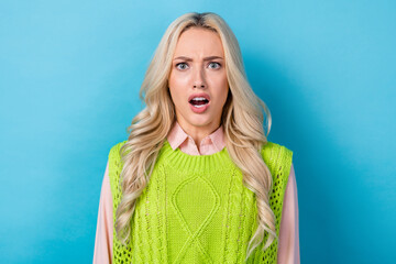Photo portrait of staring business girl open mouth bad news wear office blouse isolated blue color...