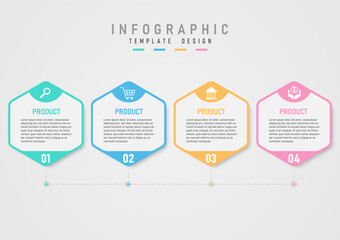 infographic template simple four options hexagons multi colored lines and circles white icons on top with the numbers below Middle letters on a white background gray gradient background
