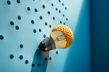 Fototapeta na wymiar A yellow lightbulb on a light blue wall with perforated center and exterior. Generative AI