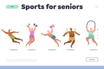 Sports for senior landing page and happy elderly people spending active time exercising feeling good