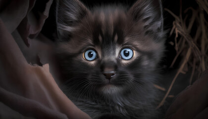 A black kitten with blue eyes stares into the camera.
 - obrazy, fototapety, plakaty