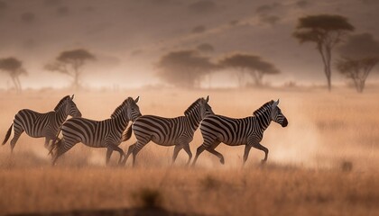 Wild Zebras Galloping Running on a Savannah  Generative AI
