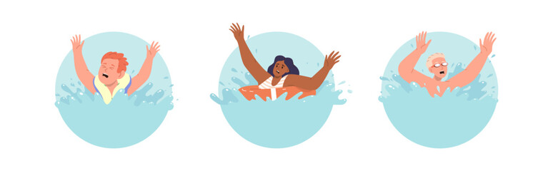 Different people characters drowning isolated set of round frames isolated on white background