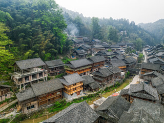 ancient village wooden houses in the mountains