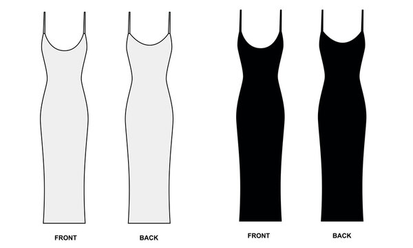 Vector illustration of a beautiful long dress with a deep cleavage neckline. Pattern of a fitted dress with straps. Black jersey dress template front and back view.