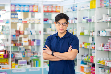 Pharmacy Drugstore. Portrait handsome man buy medicine at pharma store. Health and wellness center