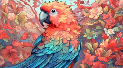 A beautiful parrot illustration in the flowers
