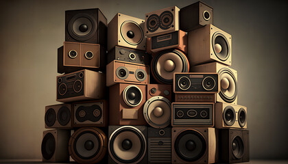 A large stack of vintage music audio speakers