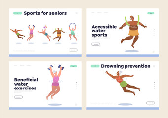 Set of landing page design template with rehabilitation swimming exercise for elderly people
