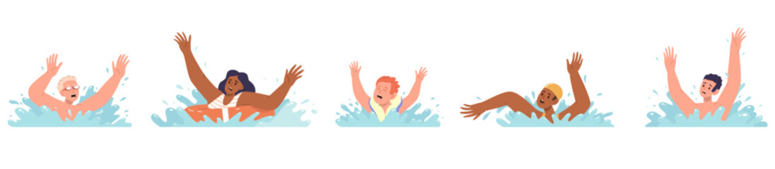 Isolated set of different drowning people cartoon characters in swimwear splashing in water waves - obrazy, fototapety, plakaty