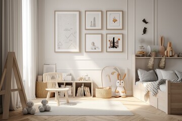 Fototapeta na wymiar Scandinavian-style white wall with vertical picture frame for personalization, cozy child's room with free copy space. 3D rendering. Generative AI
