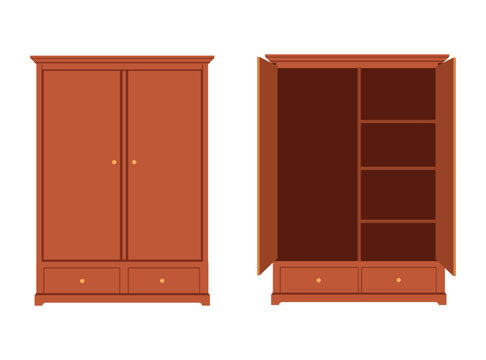 Wooden empty wardrobe. Wood dresser walldrobe, worderobe with drawer, shelves and hangers holder. For bedroom interior design.