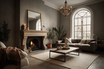 Stylish contemporary Spanish living room with winter fireplace. Generative AI
