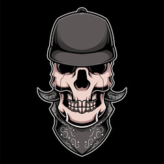 Skull Head Illustration in Snapback and Bandana