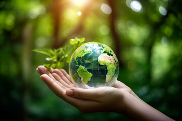Hand holding globe with green nature background. World earth day concept. Generative AI.