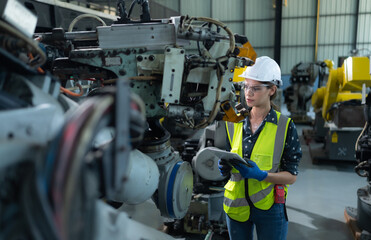 A female engineer installs a program on a robotics arm in a robot warehouse. And test the operation before sending the machine to the customer.