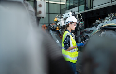 Fototapeta premium A female engineer installs a program on a robotics arm in a robot warehouse. And test the operation before sending the machine to the customer.