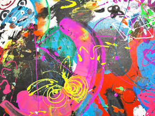 Fragment of colorful graffiti painted on wall. Abstract background texture for design.