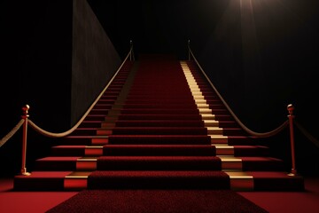 Stairs with a red carpet, gold VIP word, and dark background. 3D render of path to fame. Generative AI