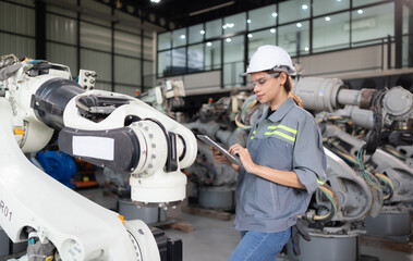 A female engineer installs a program on a robotics arm in a robot warehouse. And test the operation before sending the machine to the customer.