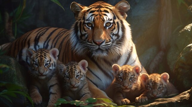 tiger mom with cub in the forest illustration