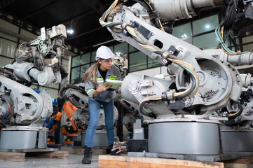 A female engineer checking documented items after installing a program on a robotic arm in a robotic warehouse and test the operation