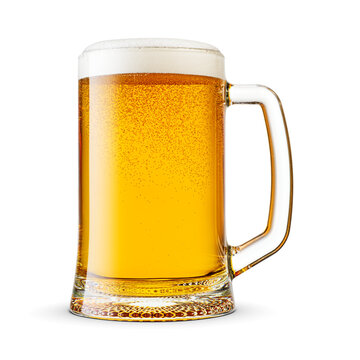 Mug of fresh yellow beer with cap of foam isolated. Transparent PNG image.