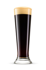 Pilsner glass of fresh dark stout beer with cap of foam isolated. Transparent PNG image.