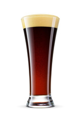 Pilsner glass of fresh dark porter beer with cap of foam isolated. Transparent PNG image.