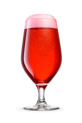 Pokal glass of fresh red beer with cap of foam isolated. Fruit beer cocktail. Transparent PNG image.