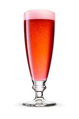 Flute glass of fresh red beer with cap of foam isolated. Fruit beer cocktail. Transparent PNG image.