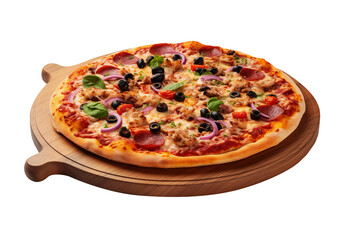 Pizza on wooden board in transparent background. Generative AI.