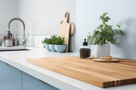 Blue wooden countertop in white kitchen with space for product placement, cutting board, and plant. Generative AI