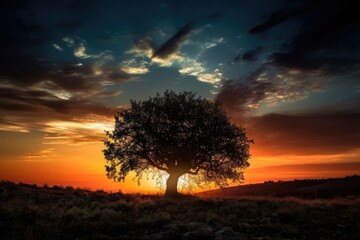 Fototapeta na wymiar Silhouette of a lone tree against a vibrant sunset sky