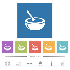 Glossy bowl of soup with spoon flat white icons in square backgrounds