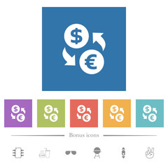 Dollar Euro money exchange flat white icons in square backgrounds