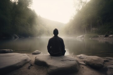man meditating in a serene natural setting
