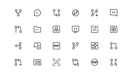 Developer icon set. Included the icons as code, programmer coding, mobile app, api, node connect, flow, logic, web coder, bug fix