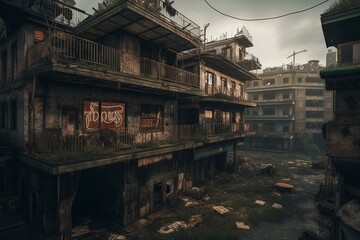 Fototapeta na wymiar An abandoned city with rundown buildings and a creepy emptiness. Generative AI