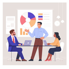 Business Meeting. Vector cartoon illustration in a flat style of three diverse people leading a discussion at a table near a whiteboard with charts and graphs. Isolated on background