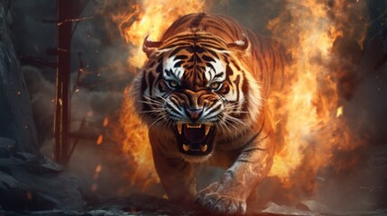 tiger with fire illustration design