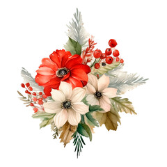 Watercolor Christmas red flowers bouquet. Holiday farmhouse floral decoration AI generative isolated illustration.