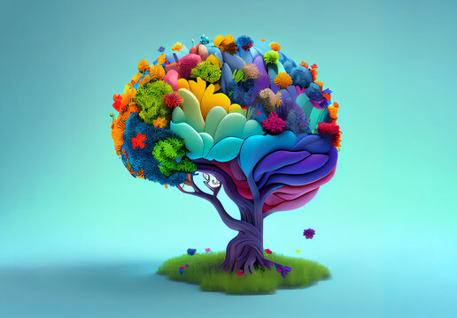 A whimsical human rainbow brain tree with blue and green flowers, representing the importance of positive affirmations and self-love. Generative ai.