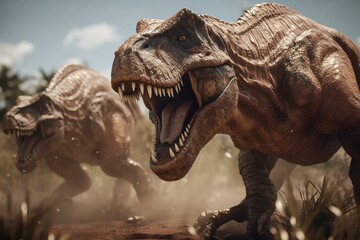 3D model of tyrannosaurus rex evading triceratops' assault. Generative AI