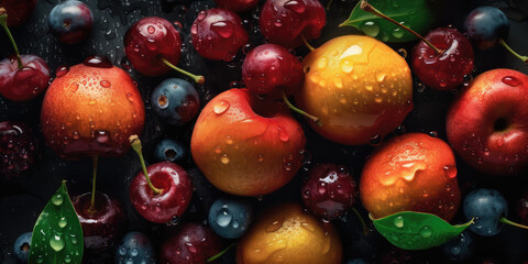 Fototapeta na wymiar Juicy Delights. Seamless background of fresh fruits adorned with glistening drops. Vibrant pattern image. AI Generative