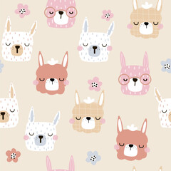 Cute seamless pattern with llamas and flowers. Childish print. Vector hand drawn illustration. - 600458633